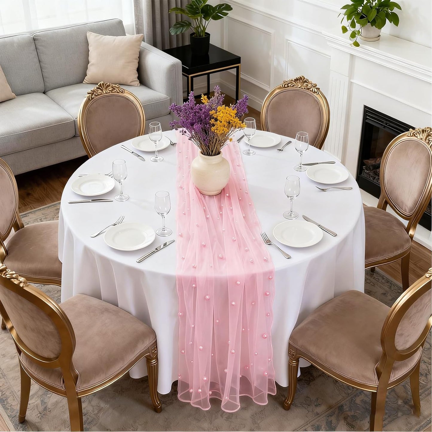 6 Pack Pearl Table Runner, 31x120 Inch Tulle Fabric with Beaded Pearls for Wedding Arch, Birthday Party Decor, Arch Veil Dessert Table Decor, Pink
