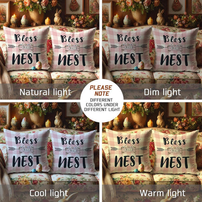 Bless Our Nest Pillow Covers Set of 2, Peach Checkered Farmhouse Decorative Throw Pillow Cases, Spring Home Decor for Sofa Couch and Bed 18x18 Inch