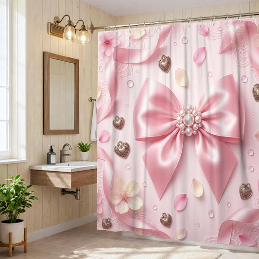 Bow Shower Curtain, Romantic Elegant Hearts Flowers Spring Peach Waterproof Fabric Toile Cloth Shower Curtains for Bathroom Toile Guest Room Decor 72x78 Inch