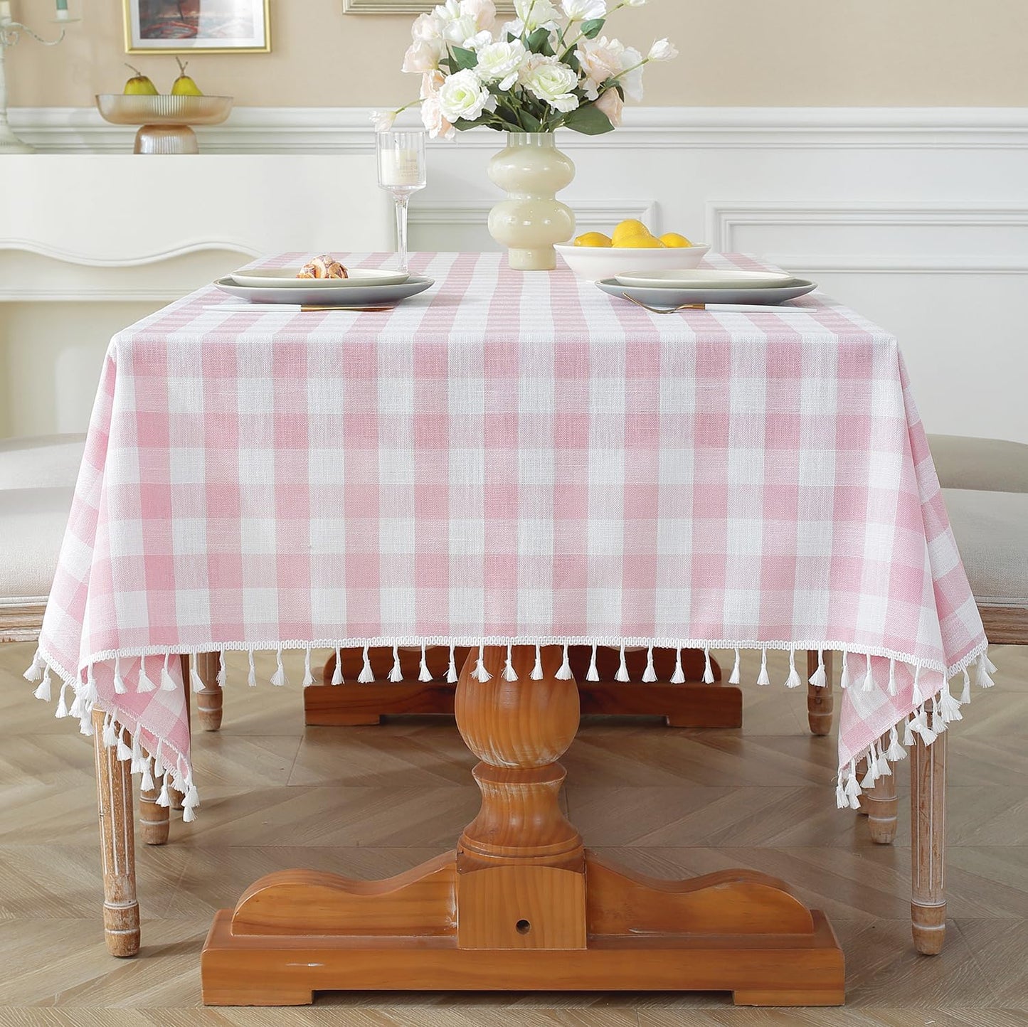 Laolitou Spring Pink Checkered Tablecloth Rectangle Washable Buffalo Plaid Table Cloth with Tassel Cotton Linen Gingham Table Cover for Dining Room, Pink, Rectangle, 55''x70'', 4-6 Seats