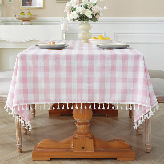 Laolitou Spring Pink Checkered Tablecloth Rectangle Washable Buffalo Plaid Table Cloth with Tassel Cotton Linen Gingham Table Cover for Dining Room, Pink, Rectangle, 55''x70'', 4-6 Seats