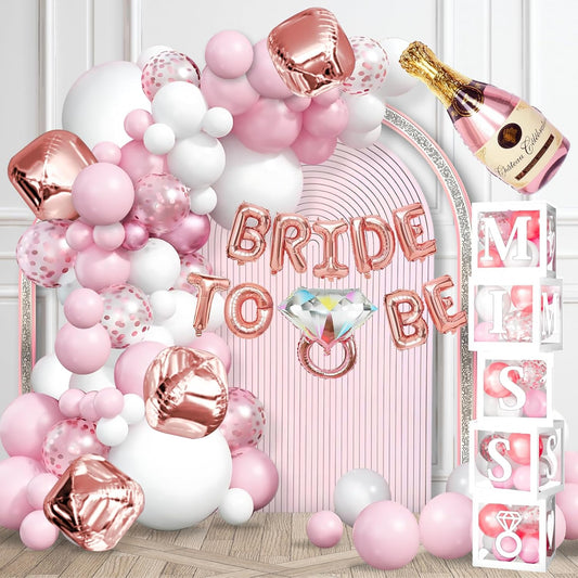 188 Pc Pink Bridal Shower Decorations – Balloon Arch, Boxes & A-Z Letters | Bridal shower & bachelorette kit: balloon arch, 5 DIY balloon boxes, foil balloons, table signs; pink/rose gold