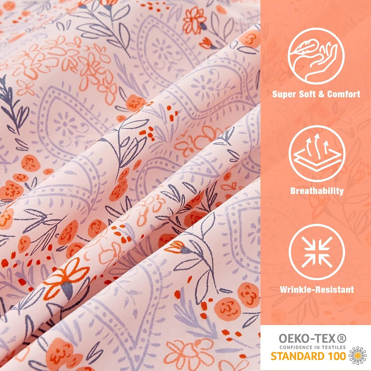 JSD Pink Paisley Floral Sheet Set Queen Size, 4 Piece Soft Printed Microfiber Sheets Extra Deep Pocket