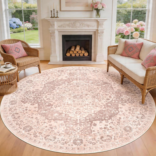 nesrt Boho 8ft Vintage Washable Round Area Rug for Living Room, Soft Non-Slip Large Round Indoor Rug, Thin Distressed Oriental Carpet for Bedroom, Dining Room, Home Office Farmhouse Decor (Pink)