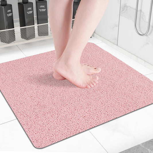 Square Non-Slip Shower Mat 24x24 Inches, Quick-Draining Bath Mat for Shower Floor, PVC Loofah Textured Shower Stall Mat, Secure Anti-Slip Bathroom Mat, Boho Style Bath Mat (Pink)