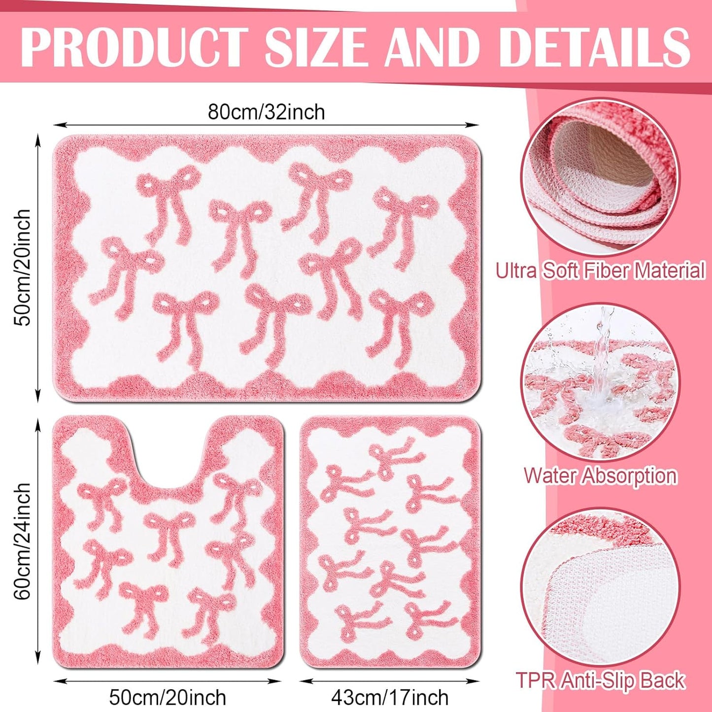 Nuanchu 3 Pcs Pink Bow Bathroom Rugs Set, Cute Bow Bath Mat Soft Non Slip Absorbent Coquette Bathroom Decor, Washable Bath Mat, U Shaped Toilet Rug for Bedroom, Living Home 31.5x20/ 24x22/ 24x17 Inch