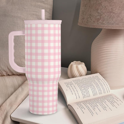 SANDJEST Pink Gingham 40oz Slider Tumbler with Handle and Straw - Insulated Stainless Steel Travel Coffee Mug for Women Girls, Gift for Birthday, Christmas