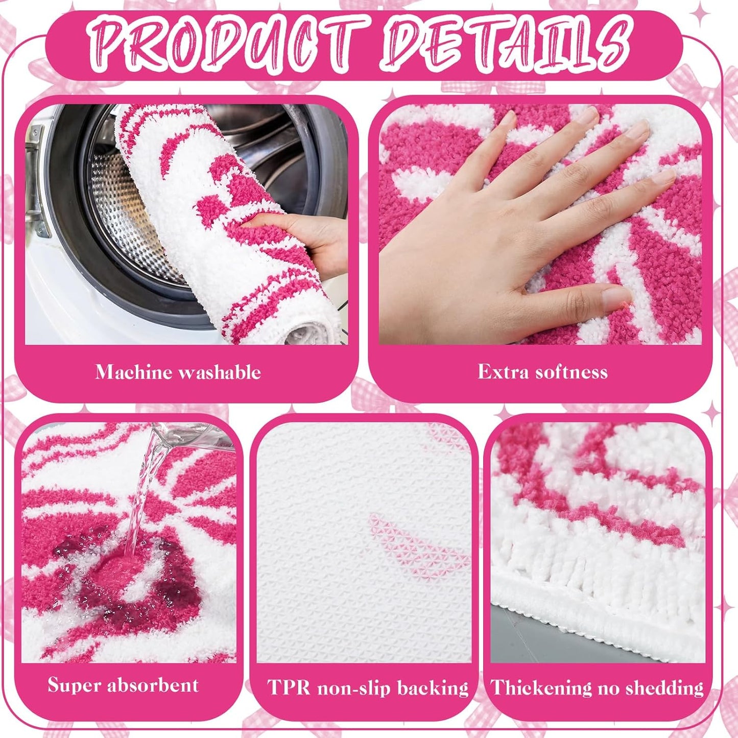 Fourluoo 18 Pcs Fabric Shower Curtain Set with 12 Decorative Shower Curtain Hooks Bathroom Towels Non Slip Absorbent Microfiber Rug for Modern Aesthetic Bathroom(Pink,Bow)