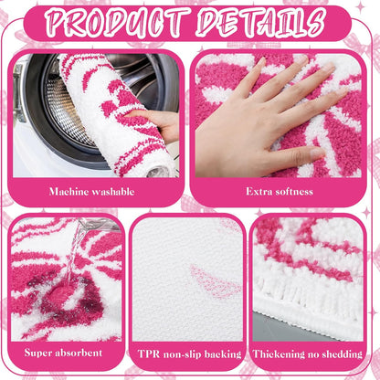 Fourluoo 18 Pcs Fabric Shower Curtain Set with 12 Decorative Shower Curtain Hooks Bathroom Towels Non Slip Absorbent Microfiber Rug for Modern Aesthetic Bathroom(Pink,Bow)