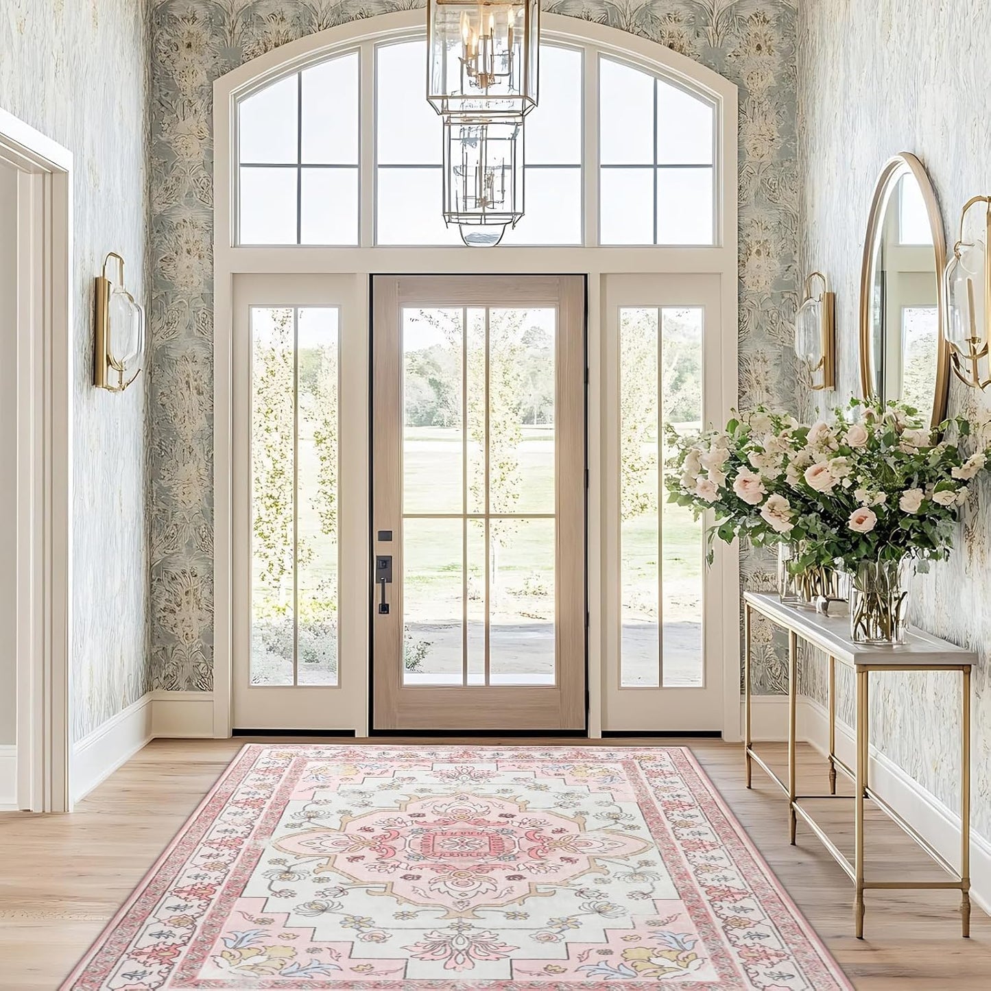 MOSISO 5x7 Area Rug for Living Room, Washable Area Rug, Non-Slip Vintage National Area Rugs, Low Pile Carpet, Faux Wool Rectangular Area Rugs Carpet for Living Room Bedroom Dining Room, Home, Pink