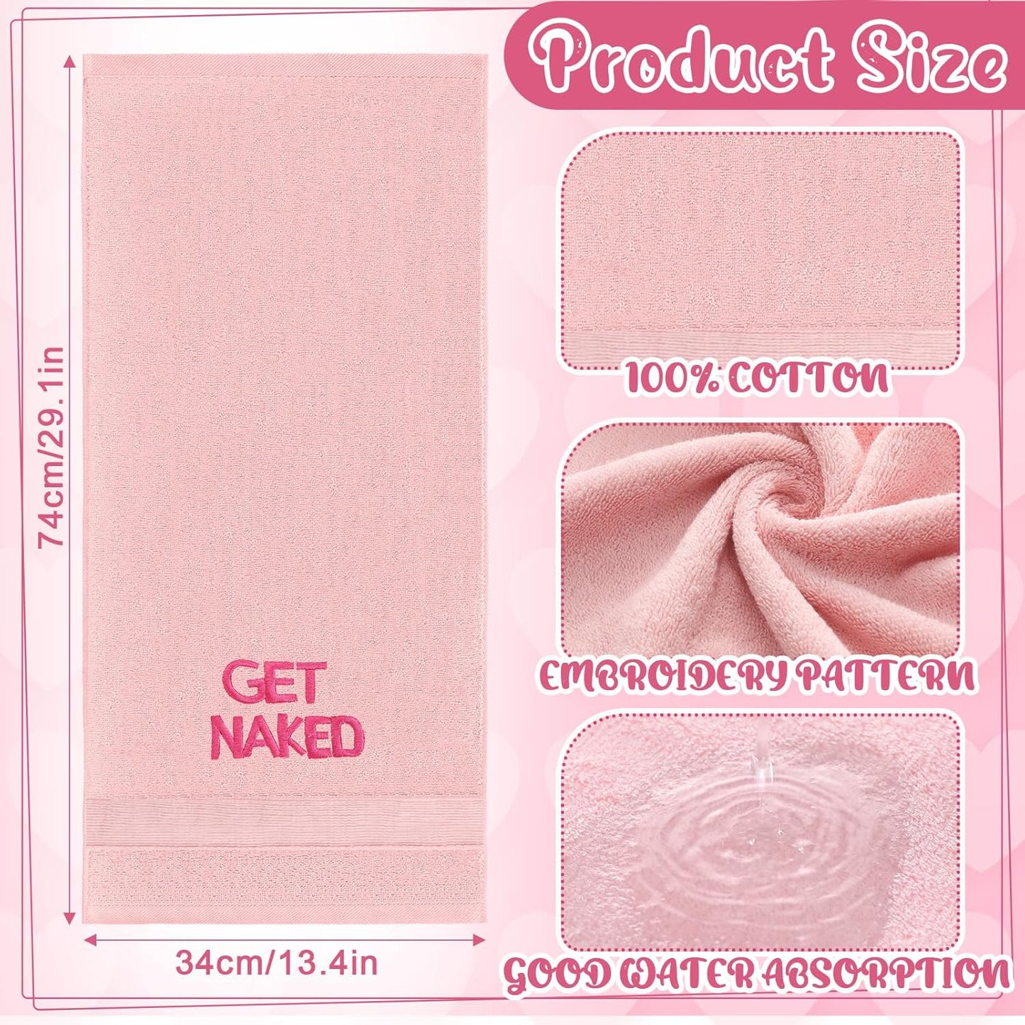 Tingjoo 2 Pcs Pink Get Naked Hand Towels 100% Cotton Embroidered Bathroom Pink Towel Modern Decorative Housewarming Gifts, Funny Bathroom Decor 29 x 13 Inch