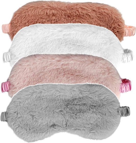 4 Pcs Plush Sleep Masks, Ultra Cute Soft Sleep Eye Cover, Blindfold Travel Sleep Masks for Kids Men Women, with Elastic Strap, Adjustable for Kids Adult (Beige,Dark Pink,Pink,Grey)
