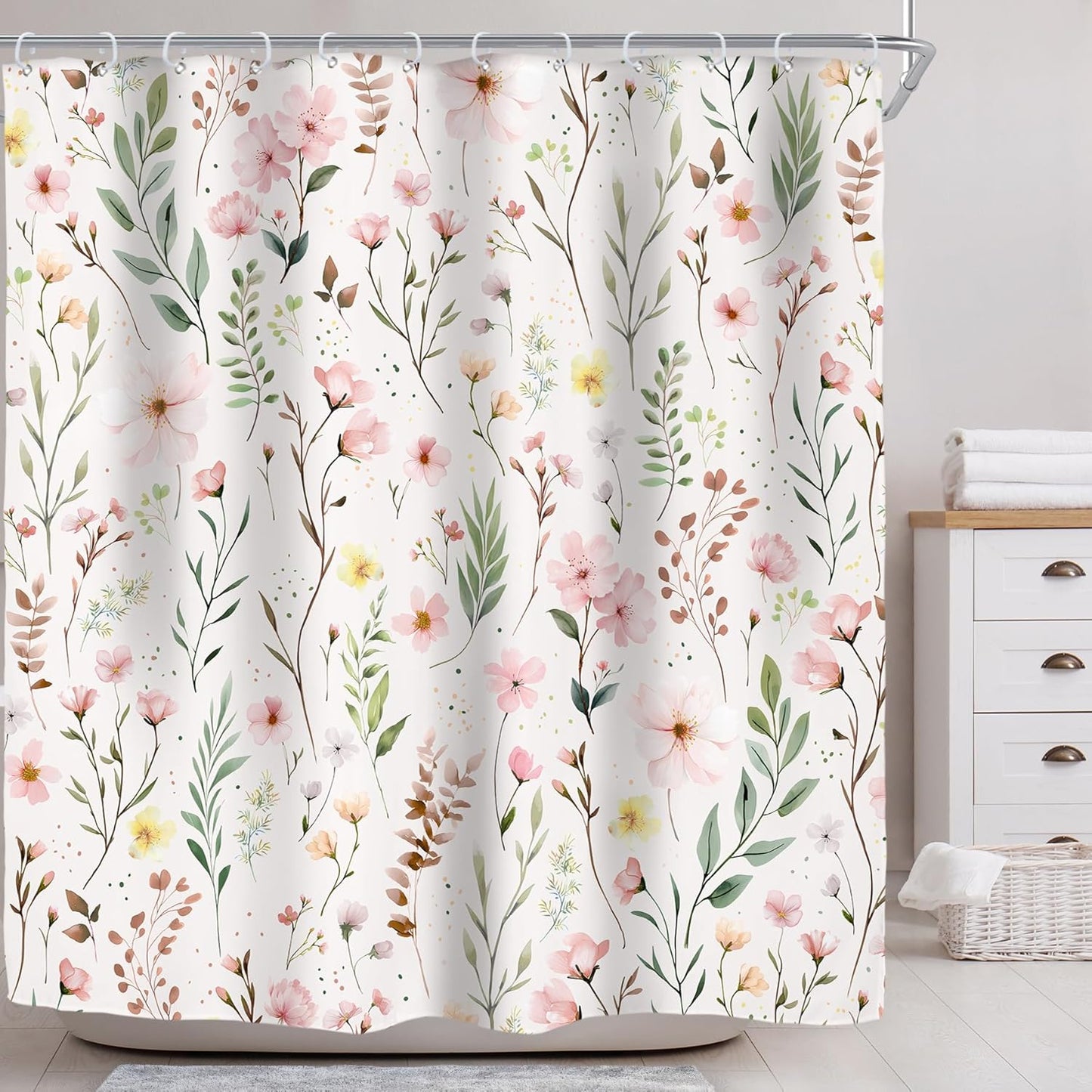 Riyidecor Pink Floral Flower Shower Curtain for Bathroom Decor 72Wx72H Light Pink Green Farmhouse Leaves Plants Botanical Boho Countryside Art Printed Fabric Polyester Waterproof 12 Pack Plastic Hooks