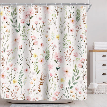 Riyidecor Pink Floral Flower Shower Curtain for Bathroom Decor 72Wx72H Light Pink Green Farmhouse Leaves Plants Botanical Boho Countryside Art Printed Fabric Polyester Waterproof 12 Pack Plastic Hooks
