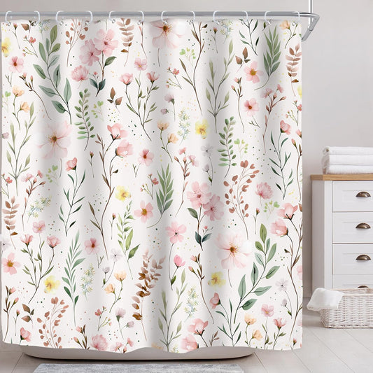 Riyidecor Pink Floral Flower Shower Curtain for Bathroom Decor 72Wx72H Light Pink Green Farmhouse Leaves Plants Botanical Boho Countryside Art Printed Fabric Polyester Waterproof 12 Pack Plastic Hooks