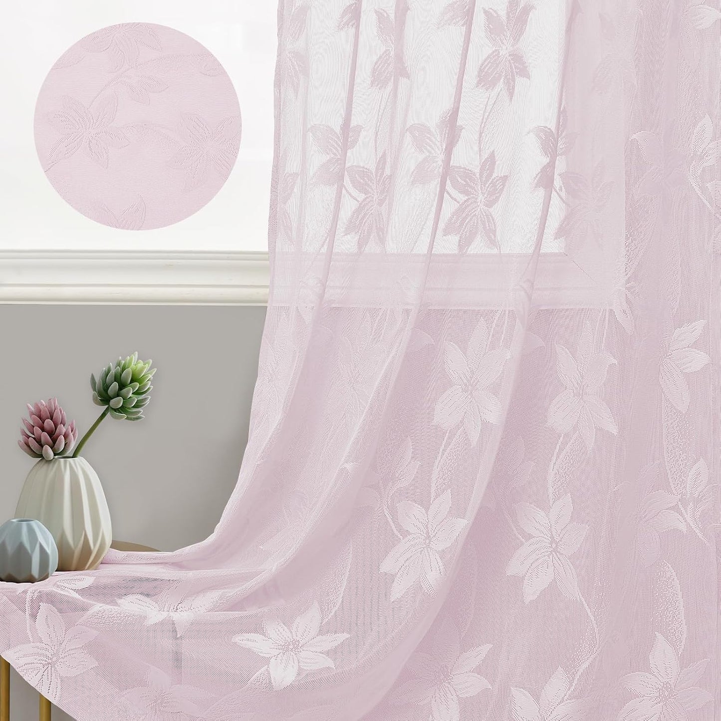 DWCN 2 Pack White Floral Lace Valances for Kitchen - Rod Pocket Half Window Sheer Curtains for Small Window Living Room Cafe, 42 x 18 inch, Sakura Pink