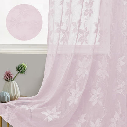 DWCN 2 Pack White Floral Lace Valances for Kitchen - Rod Pocket Half Window Sheer Curtains for Small Window Living Room Cafe, 42 x 18 inch, Sakura Pink