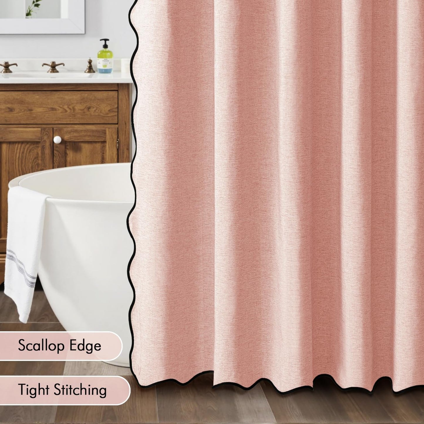 MIULEE 84" Long Scalloped Shower Curtain Linen Textured with 12 Metal Hooks Cute Extra Long Heavy Duty Washable Waterproof Cloth Curtains with Black Border for Bathroom Hotel Bathtub,Blush Pink