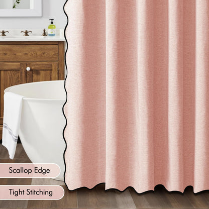 MIULEE 84" Long Scalloped Shower Curtain Linen Textured with 12 Metal Hooks Cute Extra Long Heavy Duty Washable Waterproof Cloth Curtains with Black Border for Bathroom Hotel Bathtub,Blush Pink