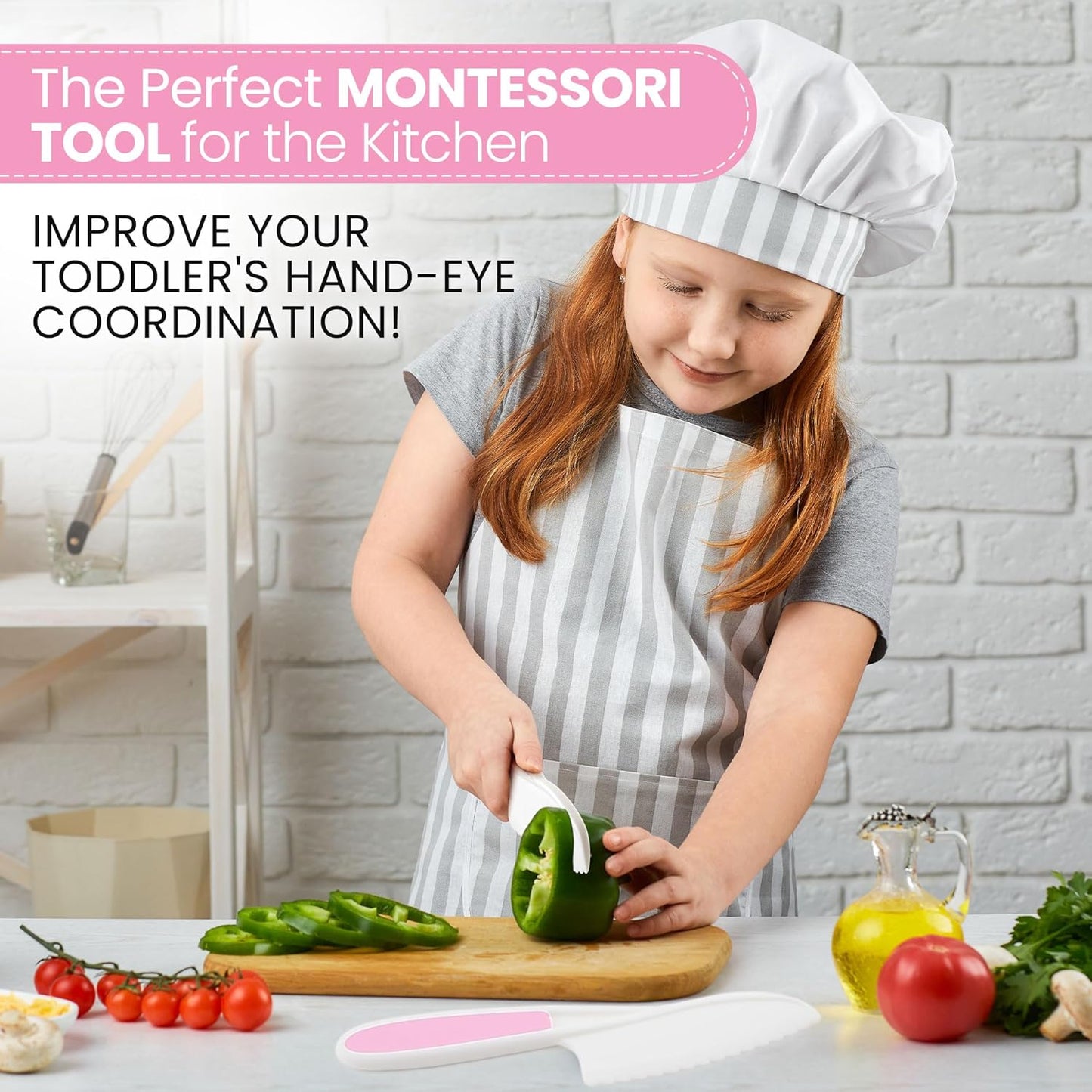 Zulay 3-Piece Kids Knife Set for Real Cooking & Baking - Toddler Knives for Cutting Fruits, Veggies, & Cake - Children’s Montessori Knife with Serrated Edges - Safe & Fun Lettuce Knife (Pink)
