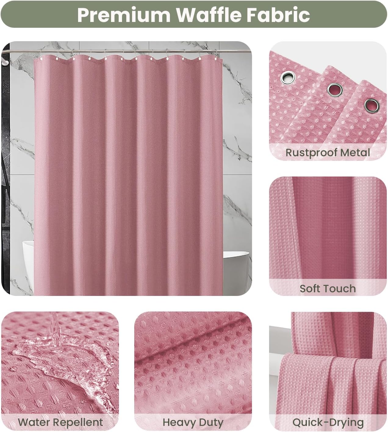 Inhousolu Fabric Shower Curtain, Waffle Weave 230 GSM Polyester, Weighted Hem, Metal Hooks Included, Water Repellent Washable, 72 x 72 Inch, Pink