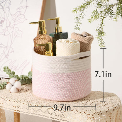 MiniArk Small Basket for Organizing | Cube Shelf Closet Storage Baskets | 9.7×9.7×7.1” | Woven Rope Gift Basket | Nursery | Round 3 Packs Pink