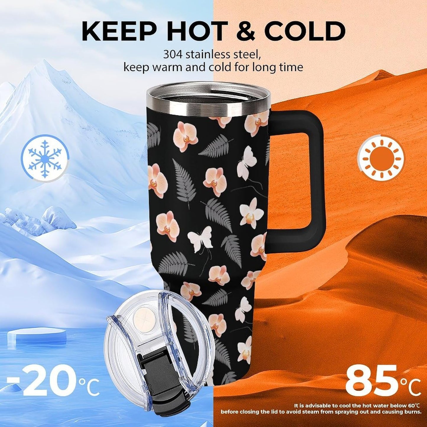 Sweatproof Handled Tumbler Stainless Steel With Handle For Travel Tropical Peach Orchid And Fern Pattern Travel Cup black-style-28