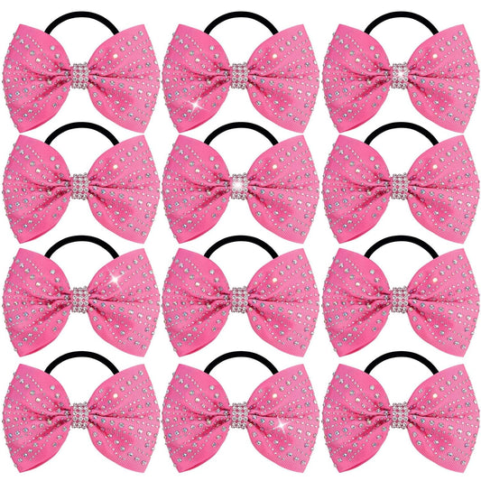 OAOLEER 12PCS Glitter Cheer Hair Bows for Cheerleading, Cheer Bow with Ponytail Holder for Teen Girls Cheerleader (Pink)