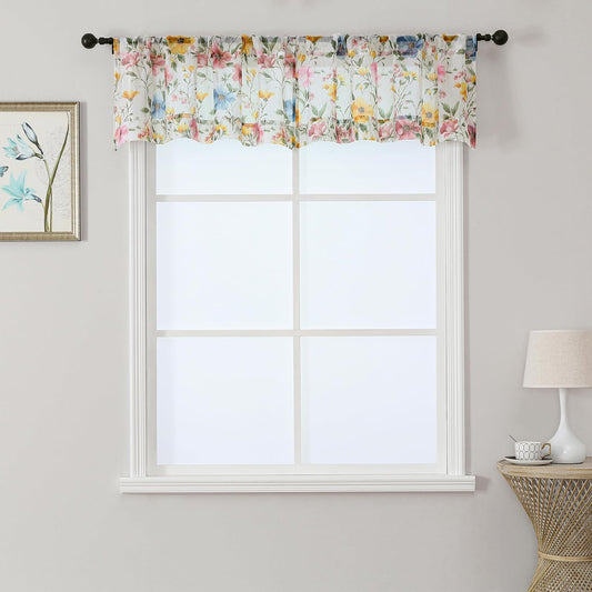 OWENIE Floral Sheer Valances for Windows - Pink Printed Short Sheer Curtains for Kitchen Cafe Bedroom Living Room Small Window, Farmhouse Vintage Rod Pocket Spring Window Decor, 2PCS Each 42" Wx14 L