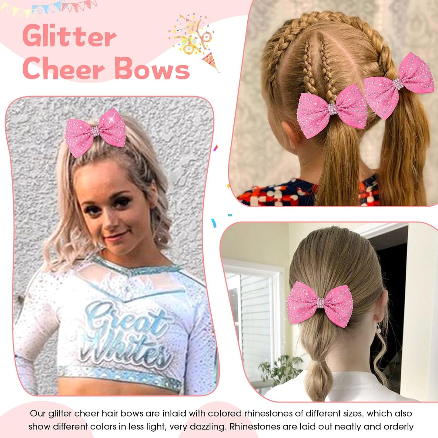 OAOLEER 12PCS Glitter Cheer Hair Bows for Cheerleading, Cheer Bow with Ponytail Holder for Teen Girls Cheerleader (Pink)
