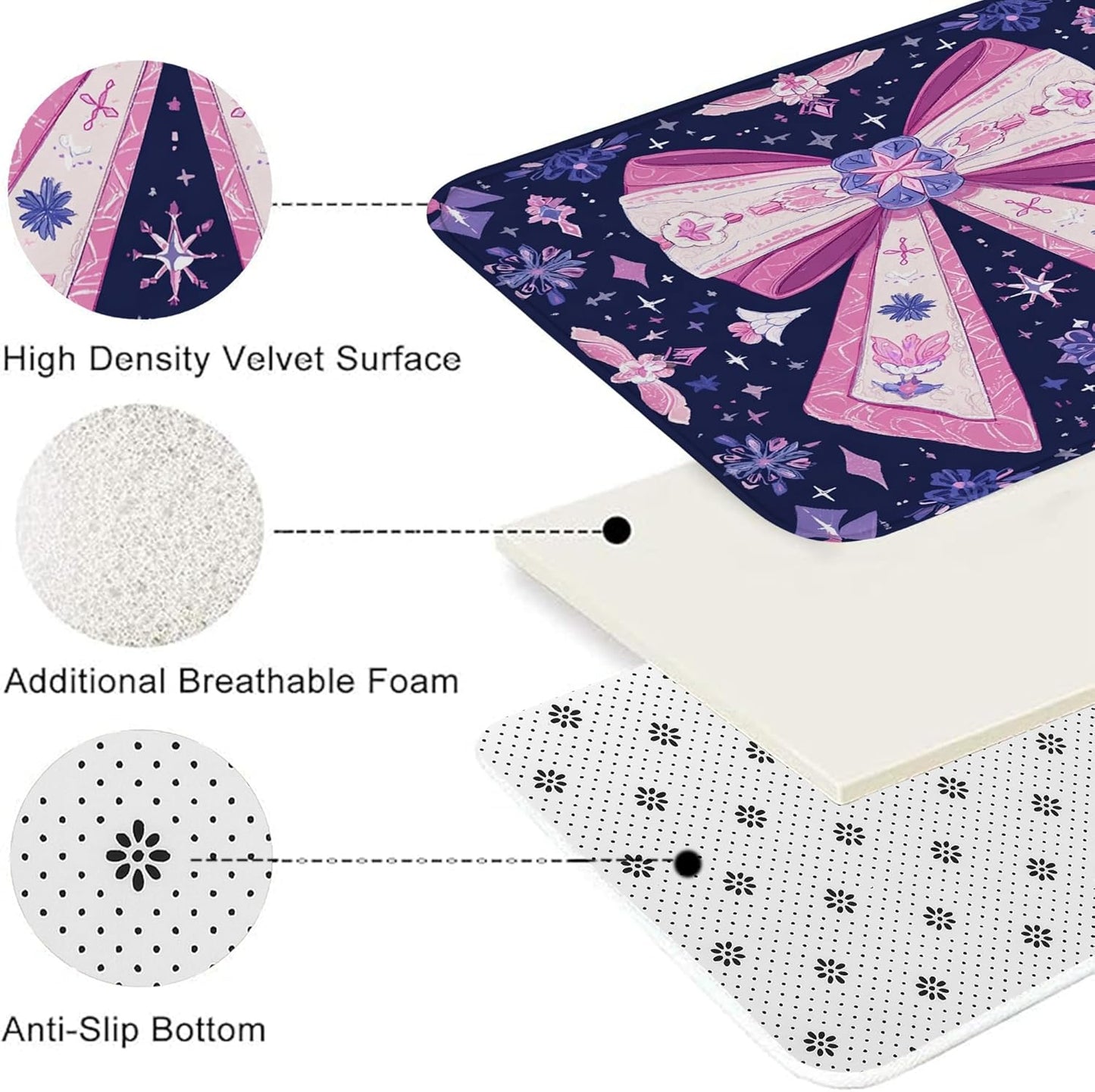 Bow Pattern Quick Dry Bath Mat, Elegant Peach Floral Non Slip Shower Mat, Seasonal Memory Foam Washable Bath Rugs for Bathroom Toilet Restroom Decorative 20x32 Inch