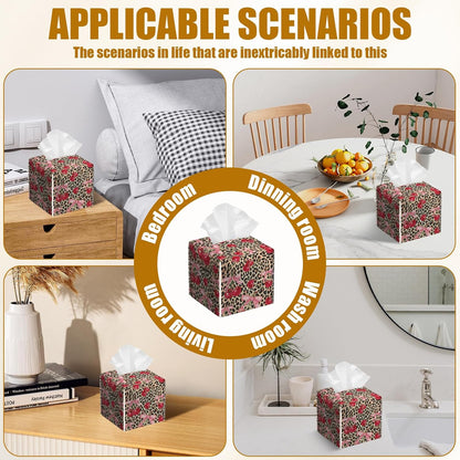 Pink Cherry Bow Tissue Box Cover 2PCS, Leopard Leather Tissue Box Holder Square Facial Paper Case Tissue Box Cube Organizer for Bathroom Bedroom Desk Office