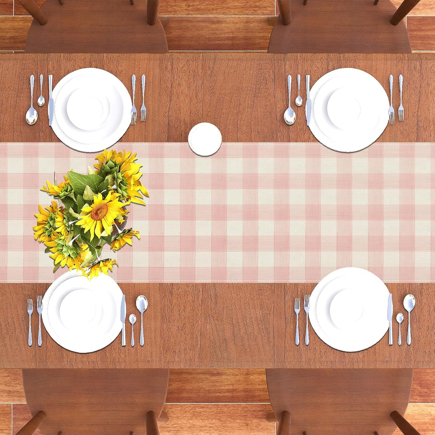 Watercolor Pink White Buffalo Check Plaid Table Runner Gingham Tablecloth Farmhouse Spring Summer Easter Home Kitchen Table Decorations-13×72''(Pink and White)