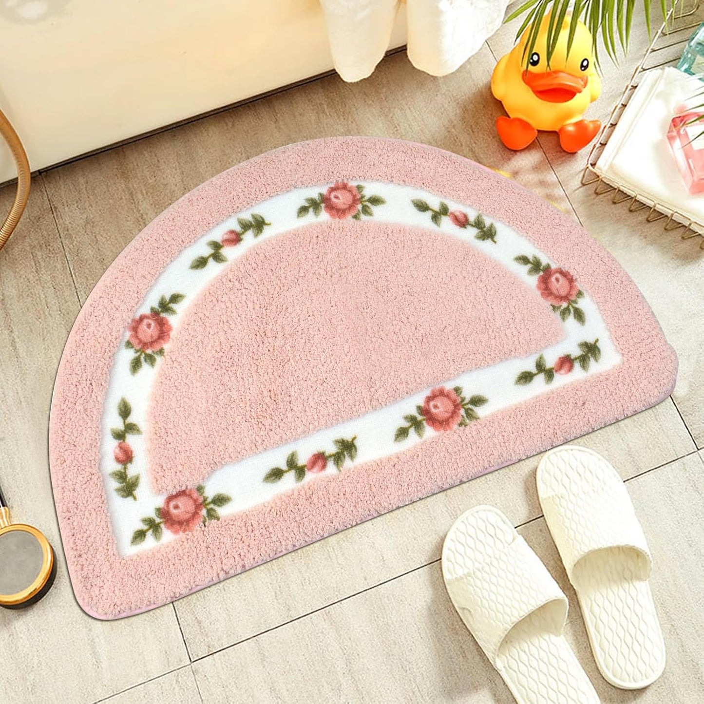ABREEZE Floral Rose Bathroom Rugs Mats 16X24 inch,Soft Shaggy Water Absorbent Non-Slip Mat Microfiber Bath Mat Shower Mat Door Mat Kitchen Mat Rugs,Pink