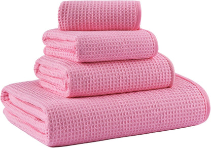 MICROFI Waffle Weave Bath Towel Set, Microfiber, 4 Pieces (Body/Hair/Hand/Face), Quick Dry, Lightweight, Super Absorbent, Lint Free, 380 GSM (Pink)