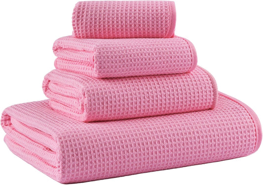 MICROFI Waffle Weave Bath Towel Set, Microfiber, 4 Pieces (Body/Hair/Hand/Face), Quick Dry, Lightweight, Super Absorbent, Lint Free, 380 GSM (Pink)