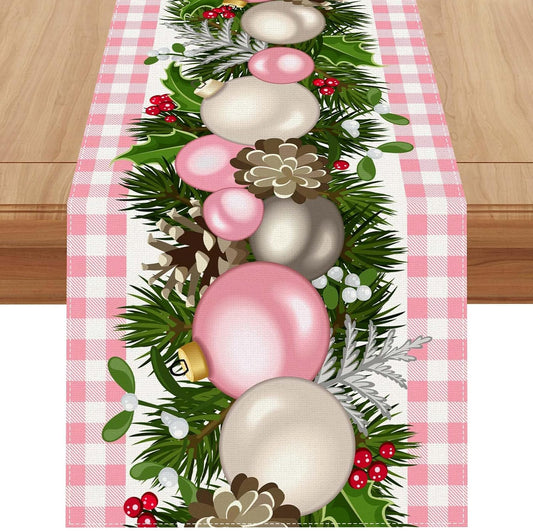 Jiudungs Linen Pink and White Buffalo Check Plaid Christmas Table Runner 72 Inches Long Farmhouse Winter Christmas Xmas Holiday Home Kitchen Table Decorations
