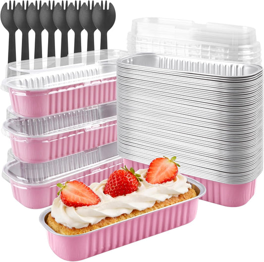 Mini Cake Pans with Lids & Spoons, 6.8oz 50 Pack Aluminum Mini Loaf Pans, Oven Safe Disposable Baking Tins for Brownie Cheesecake Lasagna,Pink