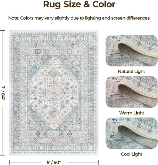 Neutral 5x7 Area Rug, Washable Living Room Rugs, Vintage Boho Carpets, Non Slip & Stain Resistant, Ultra Thin Large Carpet for Bedroom Indoor Dining Under Table Home Decor, Beige/Light Pink