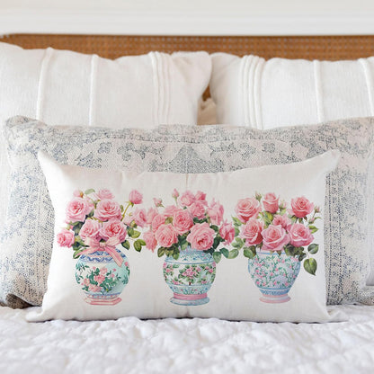 Pink Flowers and Leaves Pillow case, Chinoiserie Floral Pattern Pillow Cover, Flower Rose Case Cushion Cover Couch Sofa Decorative 12x20 inches