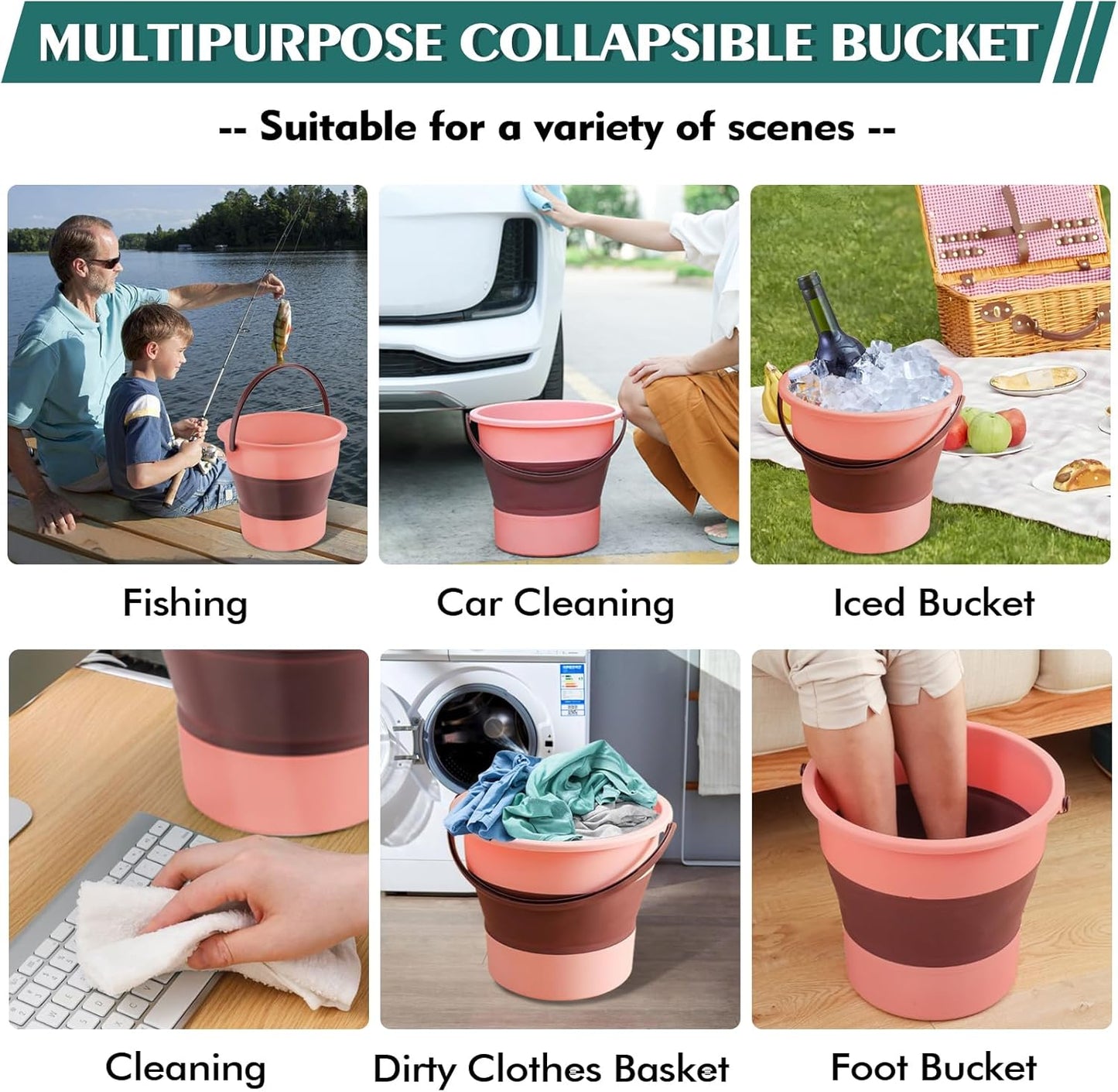 Collapsible Bucket 4.5 Gallon/17L Large Plastic Household Cleaning Mop Buckets Foldable Water Bucket for Car Wash Fishing Camping Beach (Pink-Large)