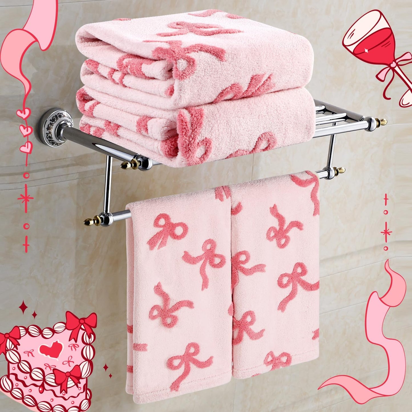 2 Pack Bow Hand Towels Kitchen Towel Pink Bowknot Dish Towel for Bathroom Hand Drying Kitchen Cleaning Gift Set, 29.5 x 13.7 Inch