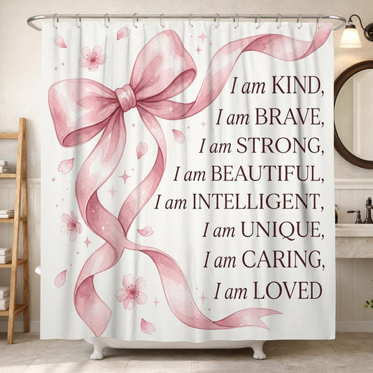 Ribbon Shower Curtain, Fanciful Contemporary Cherries Blossom Petals Spring Peach Waterproof Fabric Toile Cloth Shower Curtains Decor for Bathroom Guest Room 72x84 Inch