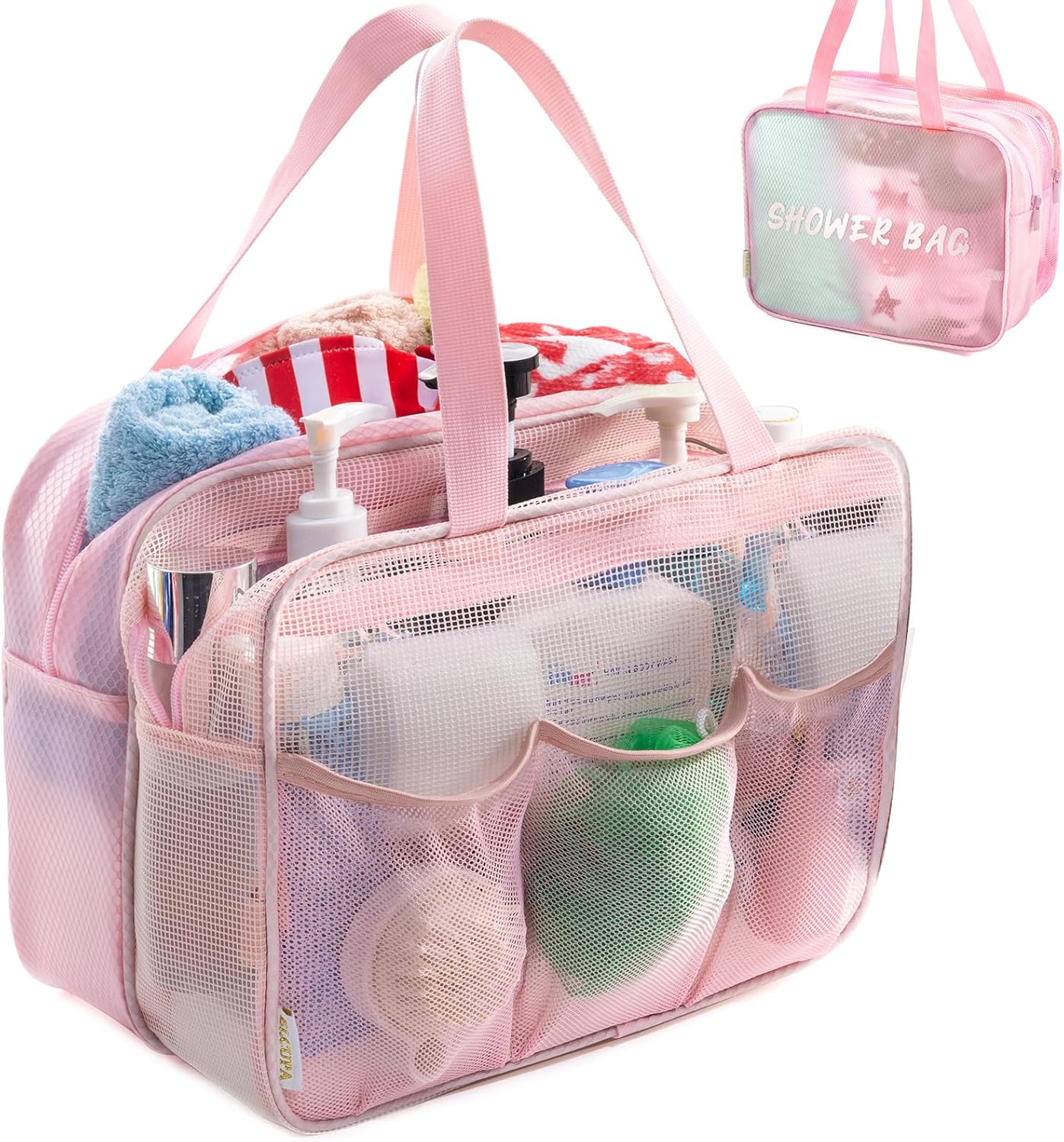 Large Mesh Shower Caddy with Wet & Dry Zones – Portable Hanging Toiletry Bag for College Dorm Room Essentials, Travel, Gym, Camping, Beach Tote Bag – Quick-Dry Shower Tote Organizer