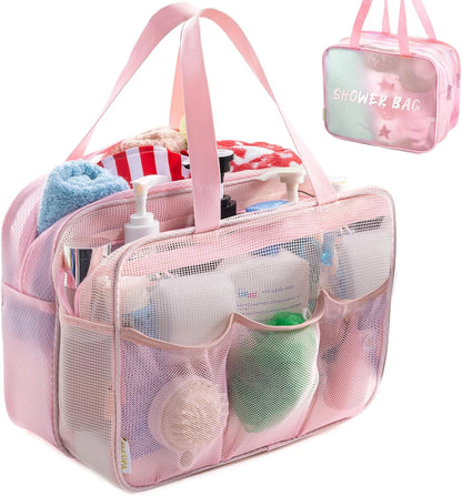 Large Mesh Shower Caddy with Wet & Dry Zones – Portable Hanging Toiletry Bag for College Dorm Room Essentials, Travel, Gym, Camping, Beach Tote Bag – Quick-Dry Shower Tote Organizer