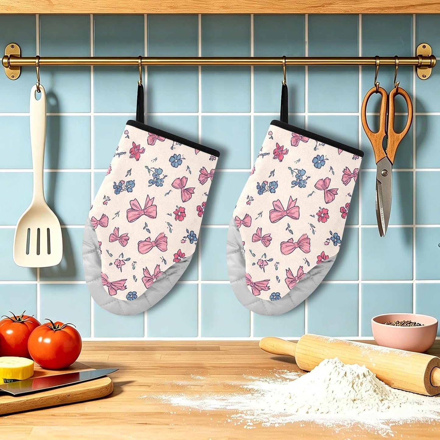 Pink Bows Blue Rose 2pcs Oven Mitts Heat Resistant Kitchen Gloves Great Gift for Cooking Baking