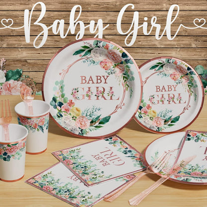 Baby Shower Decorations for Girl - 249 PCS Baby Girl Gender Reveal Party Supplies & Disposable Dinnerware Set (25 Guest) with Pink Rose Gold Floral Paper Plates Backdrop Tablecloth Balloon Kit