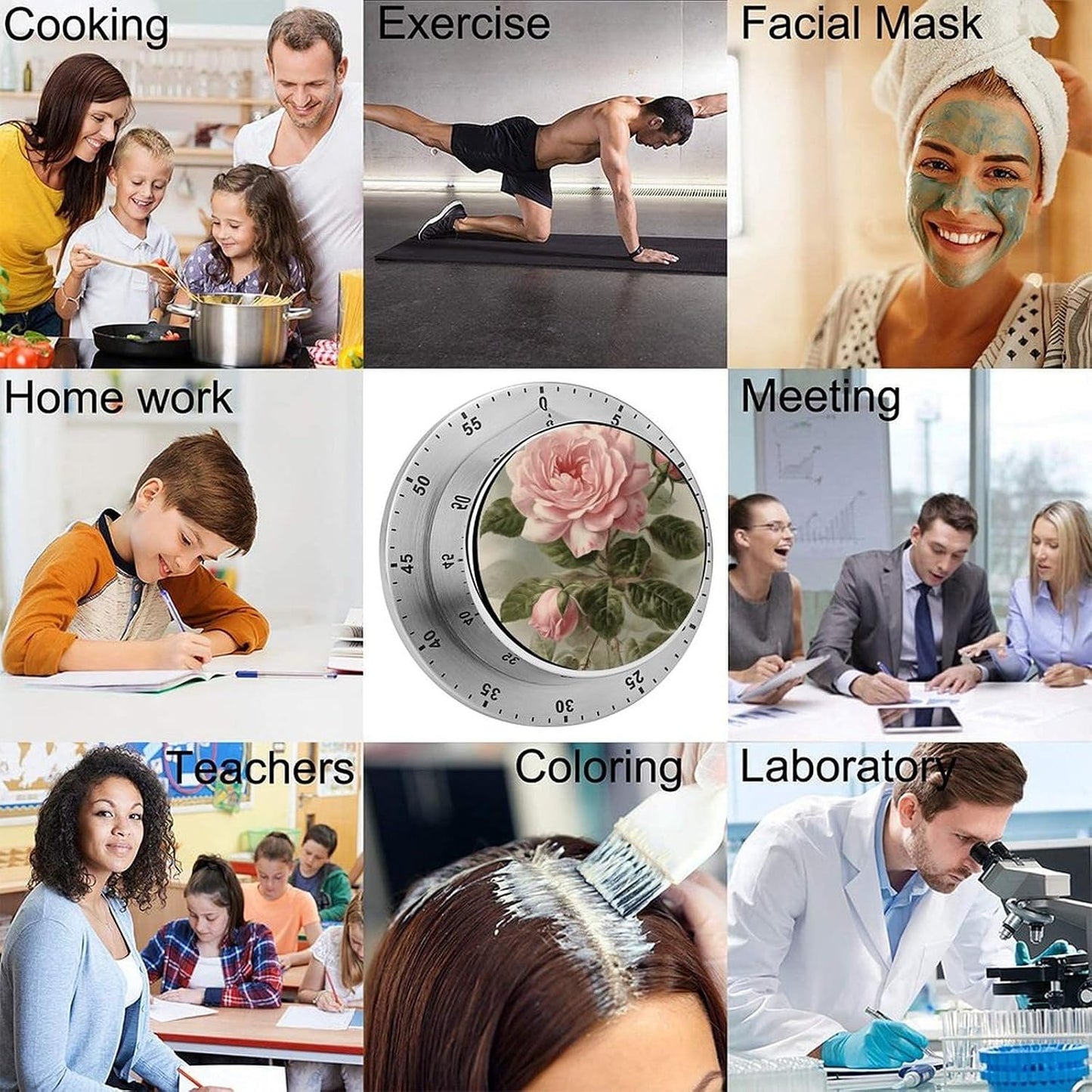 Mechanical Kitchen Timer with Magnetic Back, Stainless Steel Manual Vintage Pink Rose Printed Timer for Cooking and Time Management