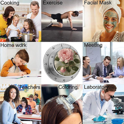 Mechanical Kitchen Timer with Magnetic Back, Stainless Steel Manual Vintage Pink Rose Printed Timer for Cooking and Time Management
