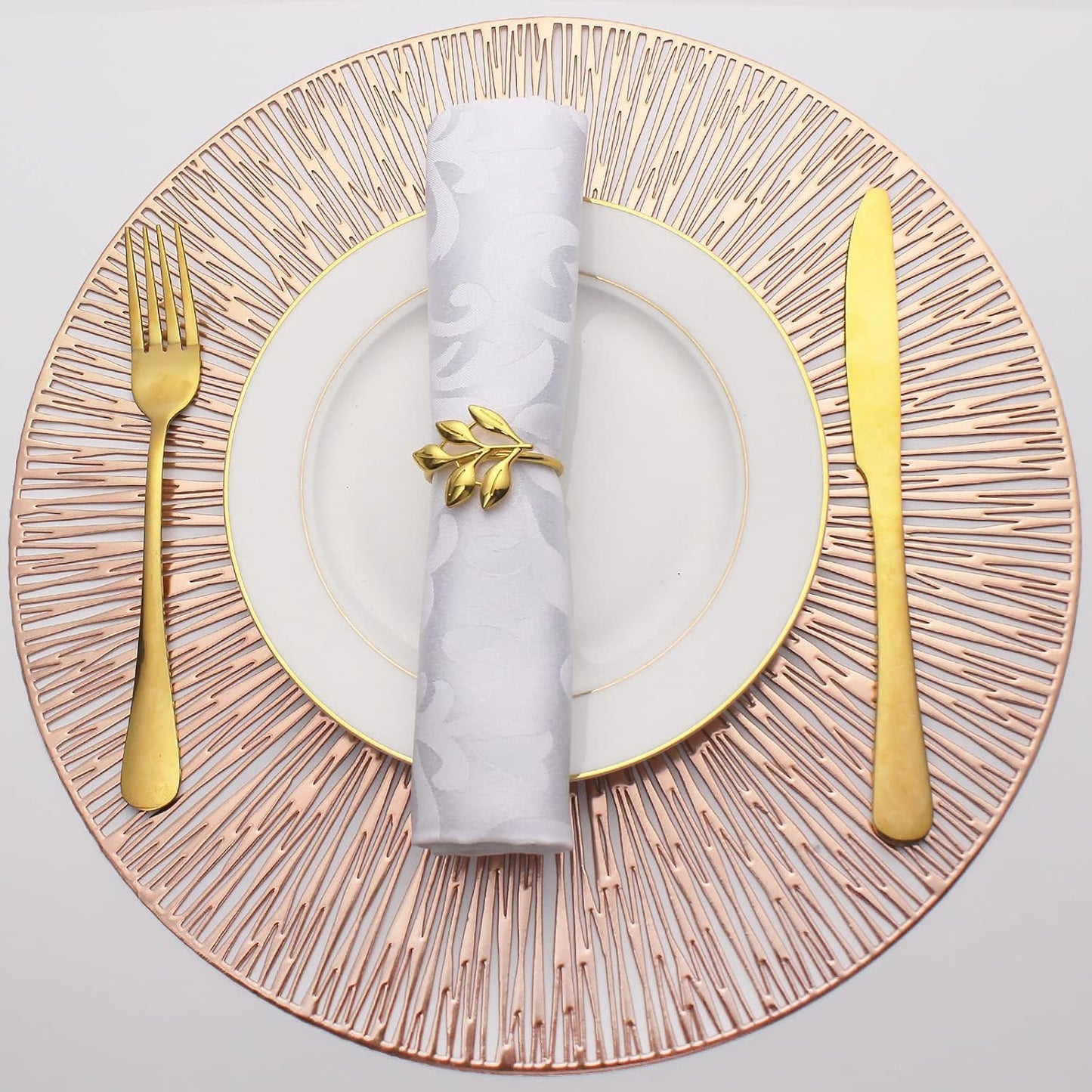 Evevda Placemats for Dining Table Set of 6 Round Hollow Out Table Mats Pressed Metallic Vinyl Plastic Place Mats Table Decoration for Holiday Wedding Accent Centerpiece(Rose Gold Radial Circle)